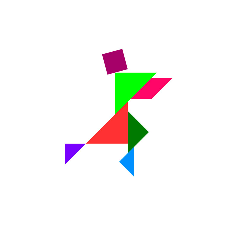 Logo tangram que representa una figura humana con las partes del cuerpo de distintos colores